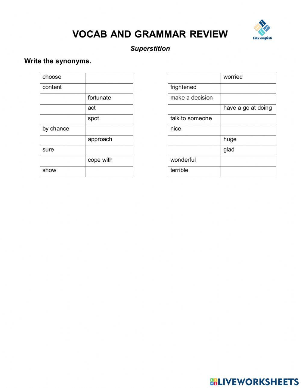 VOCAB AND GRAMMAR REVIEW Superstition