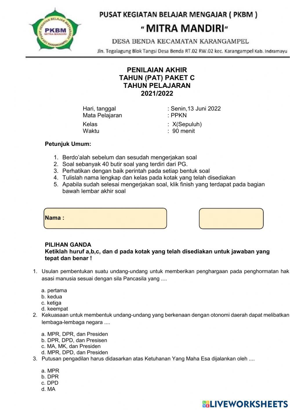 Soal PAT PPKN  kls 10
