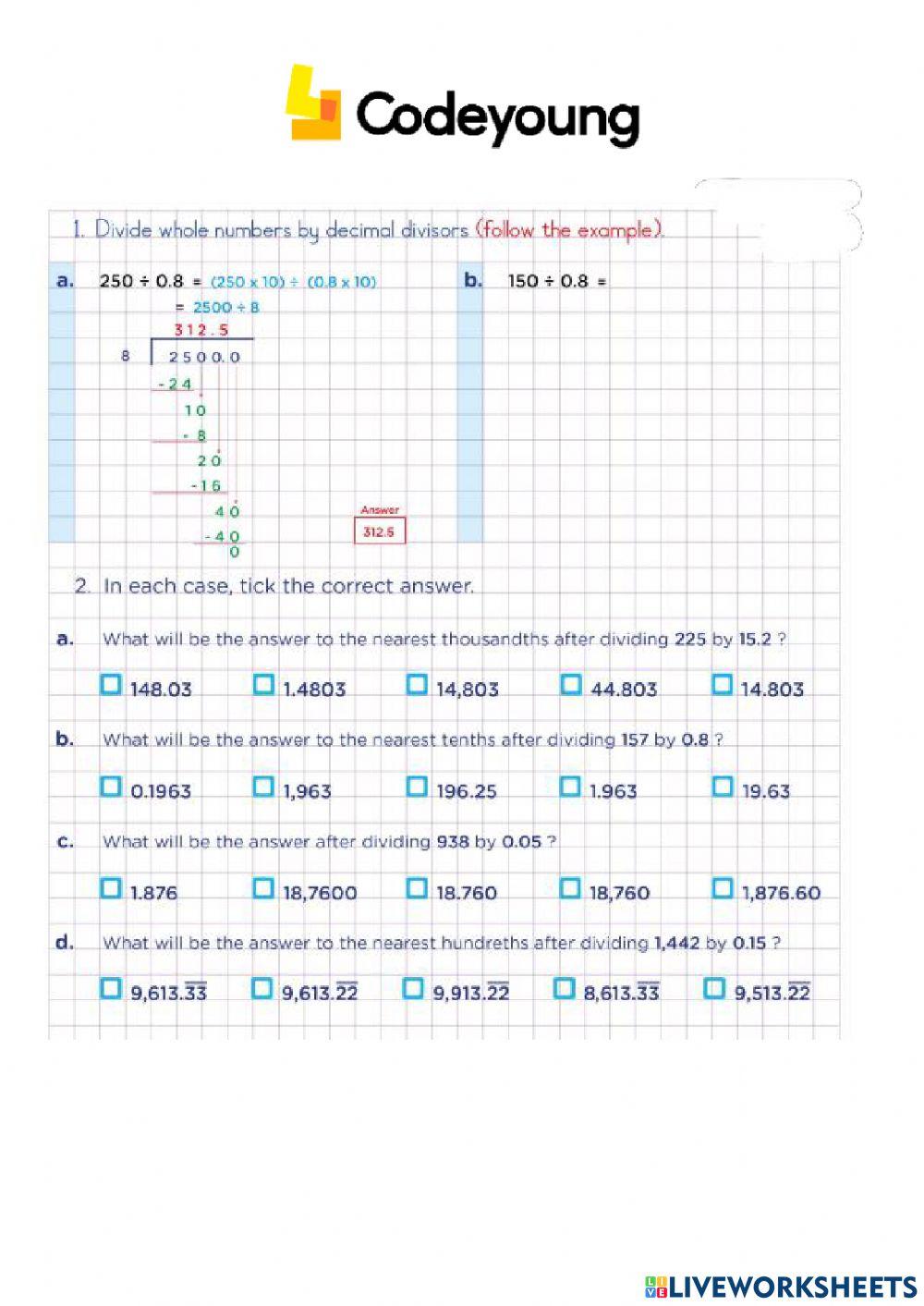 Long Division Method for Decimals Advanced worksheet | Live Worksheets
