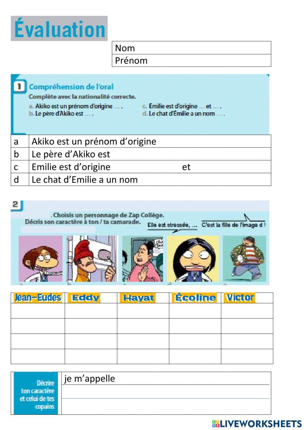 Faire l'interview d'un(e) camarade sur son identité, décrire le caractère