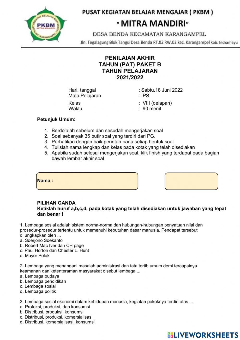 Soal PAT IPS Kelas 8