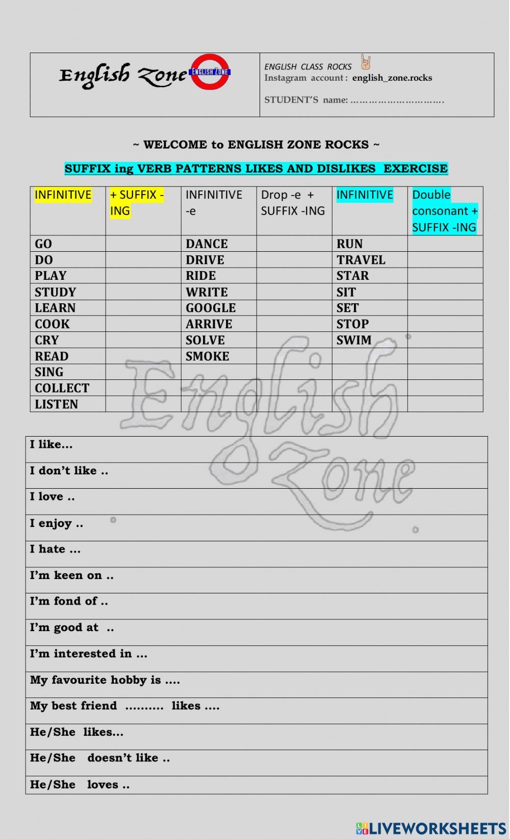 Suffix ing  likes and dislikes