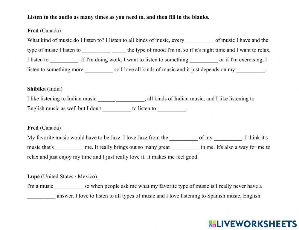 Music-6 ppl Favorite Music Genre Dictation Exercise