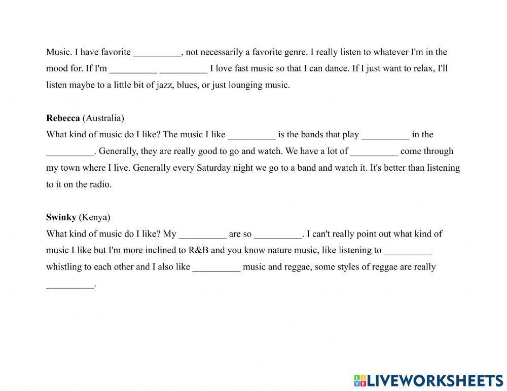 Music-6 ppl Favorite Music Genre Dictation Exercise