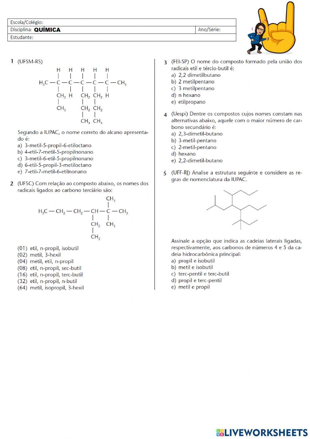 Nomenclatura de hidrocarbonetos de cadeia ramificada.