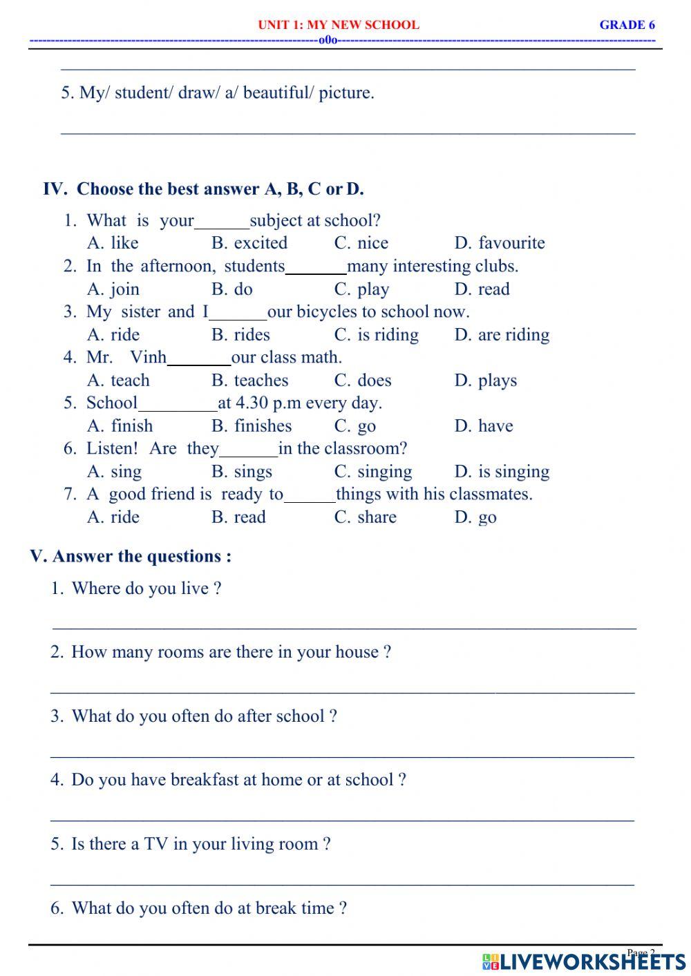 English 6 - Unit 1 - My New Schoo - Practice 2.2