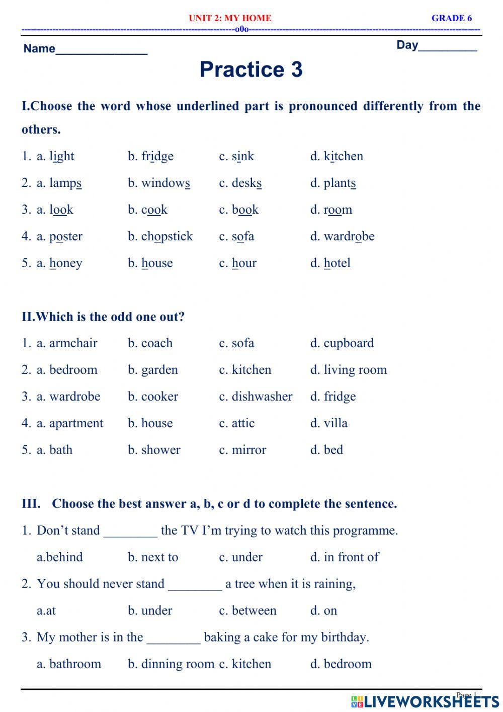English 6 - Unit 2 - My home - Practice 2.3