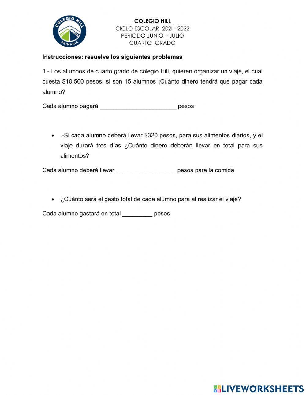 Examen mansual matematicas junio