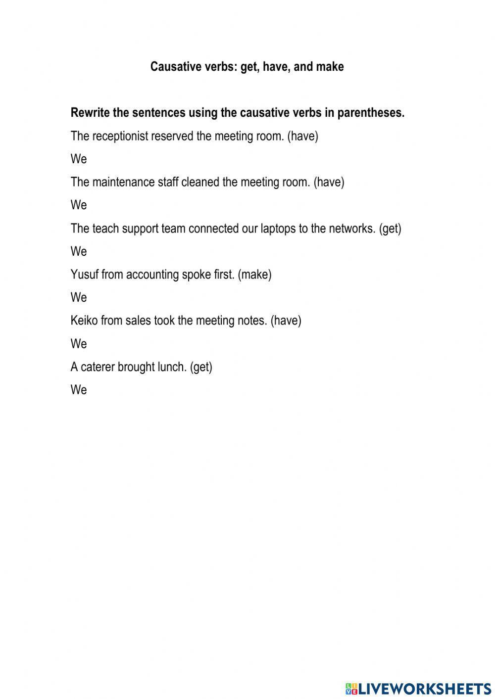 Causative verbs worksheets (make, have, get)