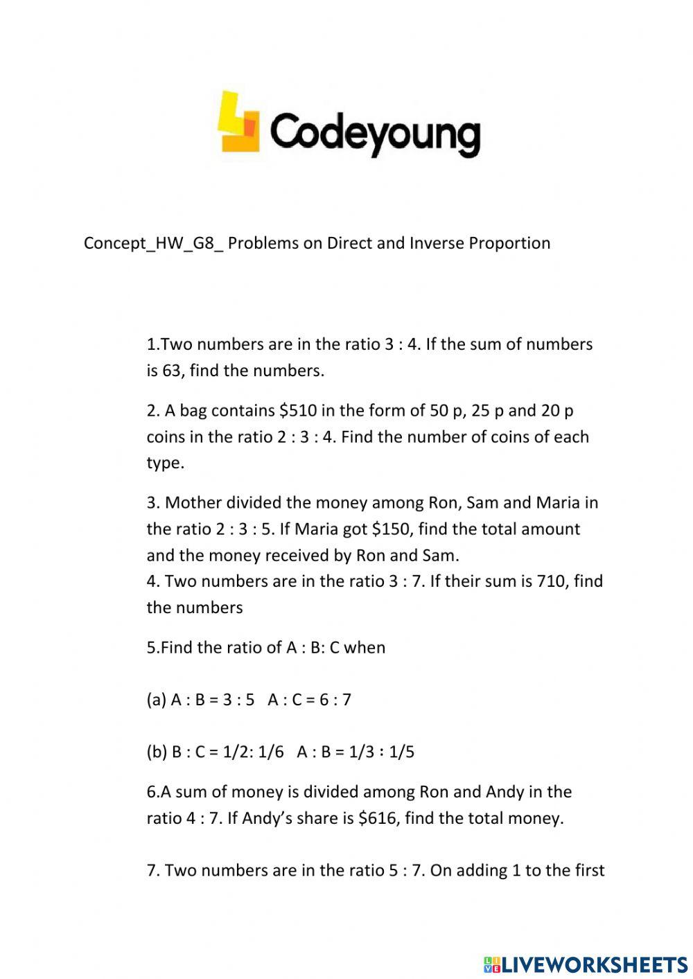Concept-HW-G8- Problems on Direct and Inverse Proportion