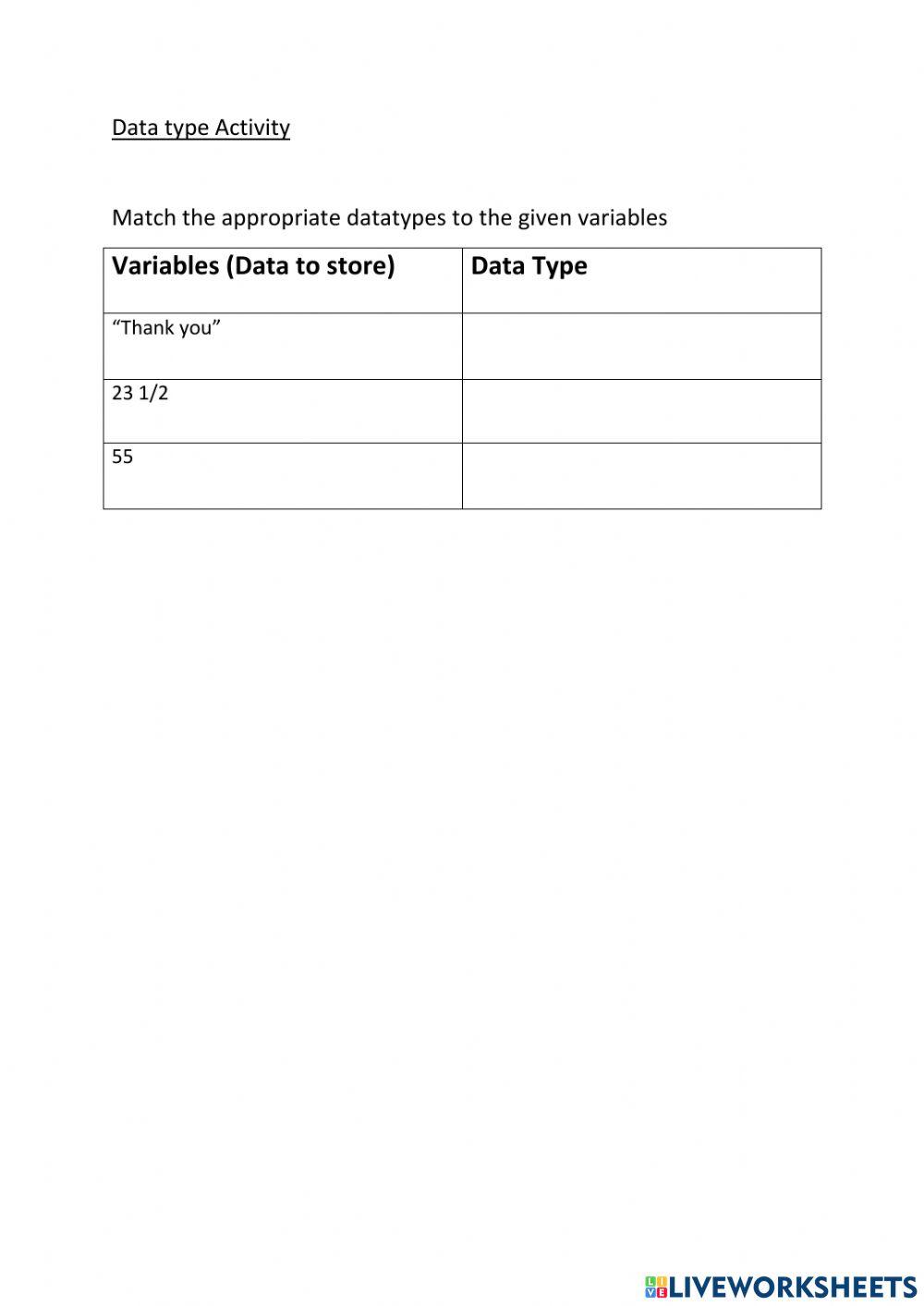 Data Type Activity- Information Tech online exercise for | Live Worksheets