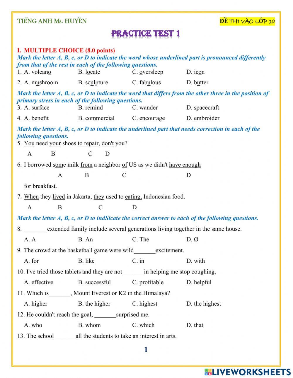 Thi vào 10. practice test 1