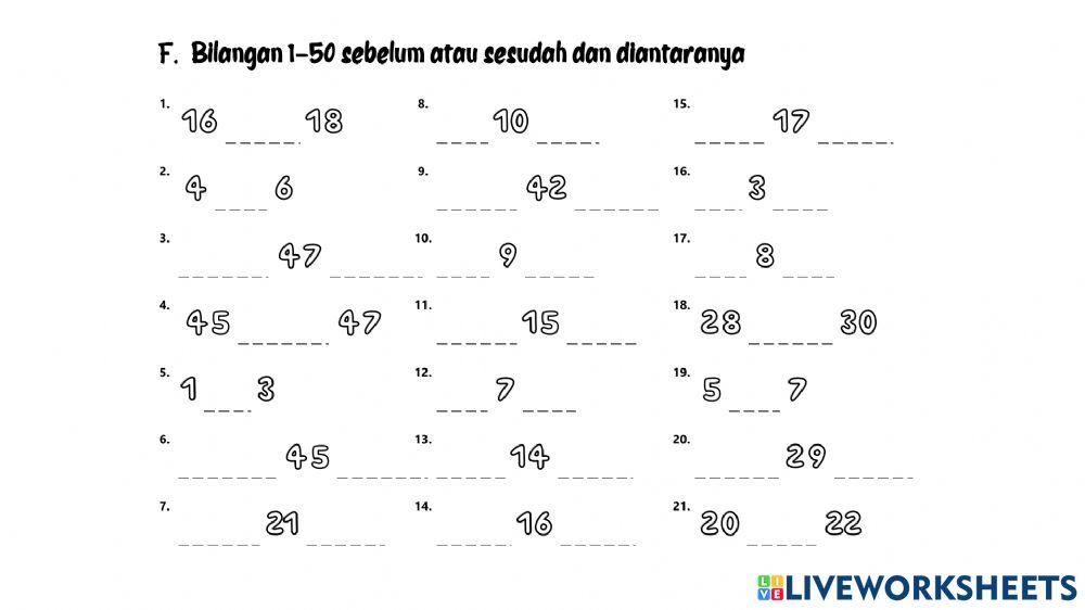 Bilangan 1-50 Sebelum, Sesudah dan Diantaranya F