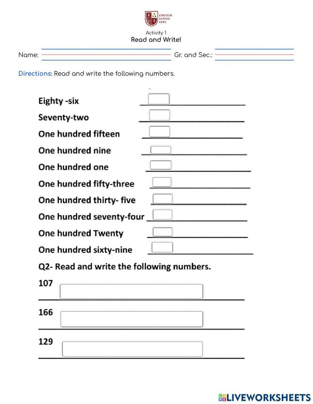 Read and Write the Numbers