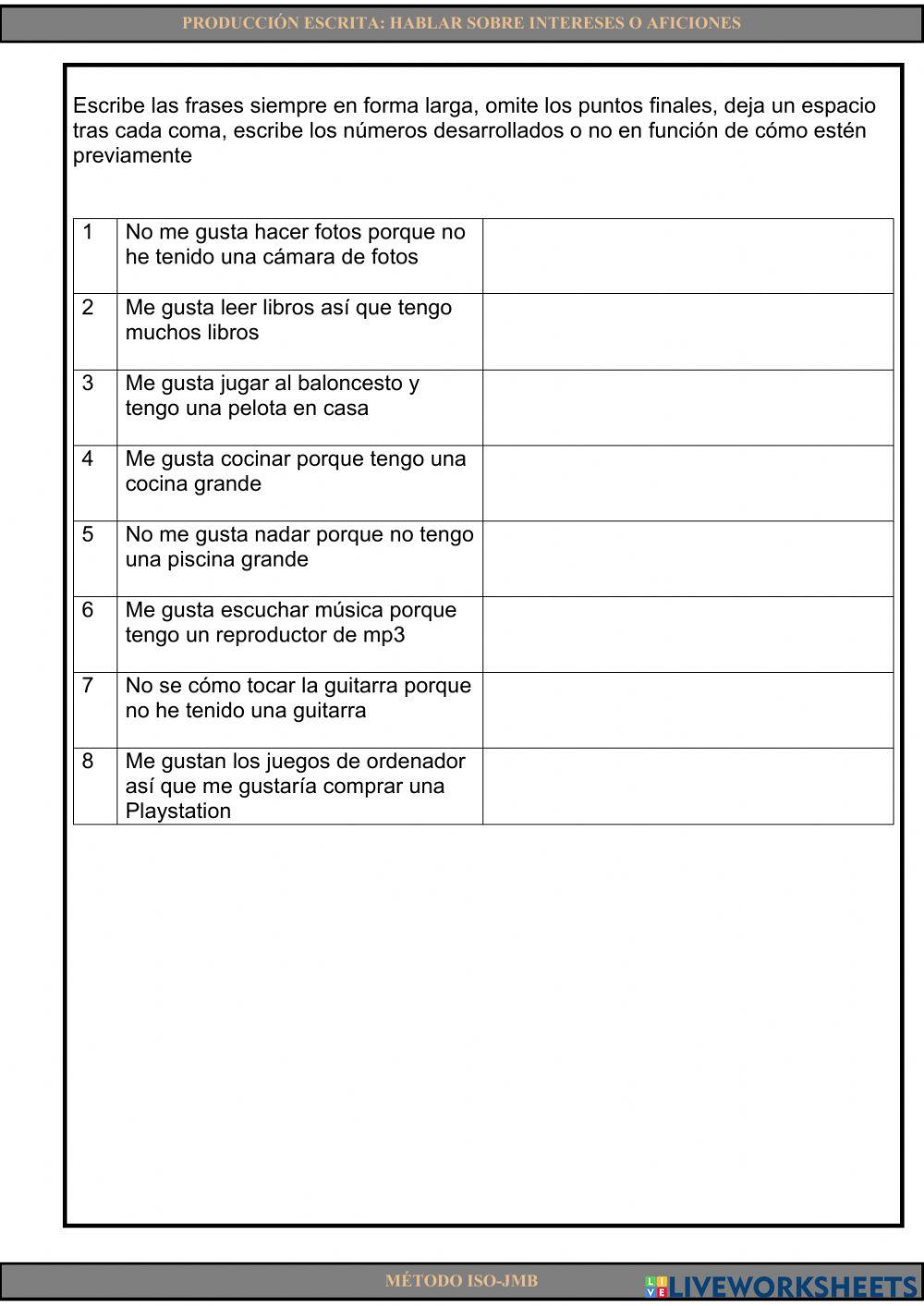 Writing 4. Hablar sobre intereses o aficiones