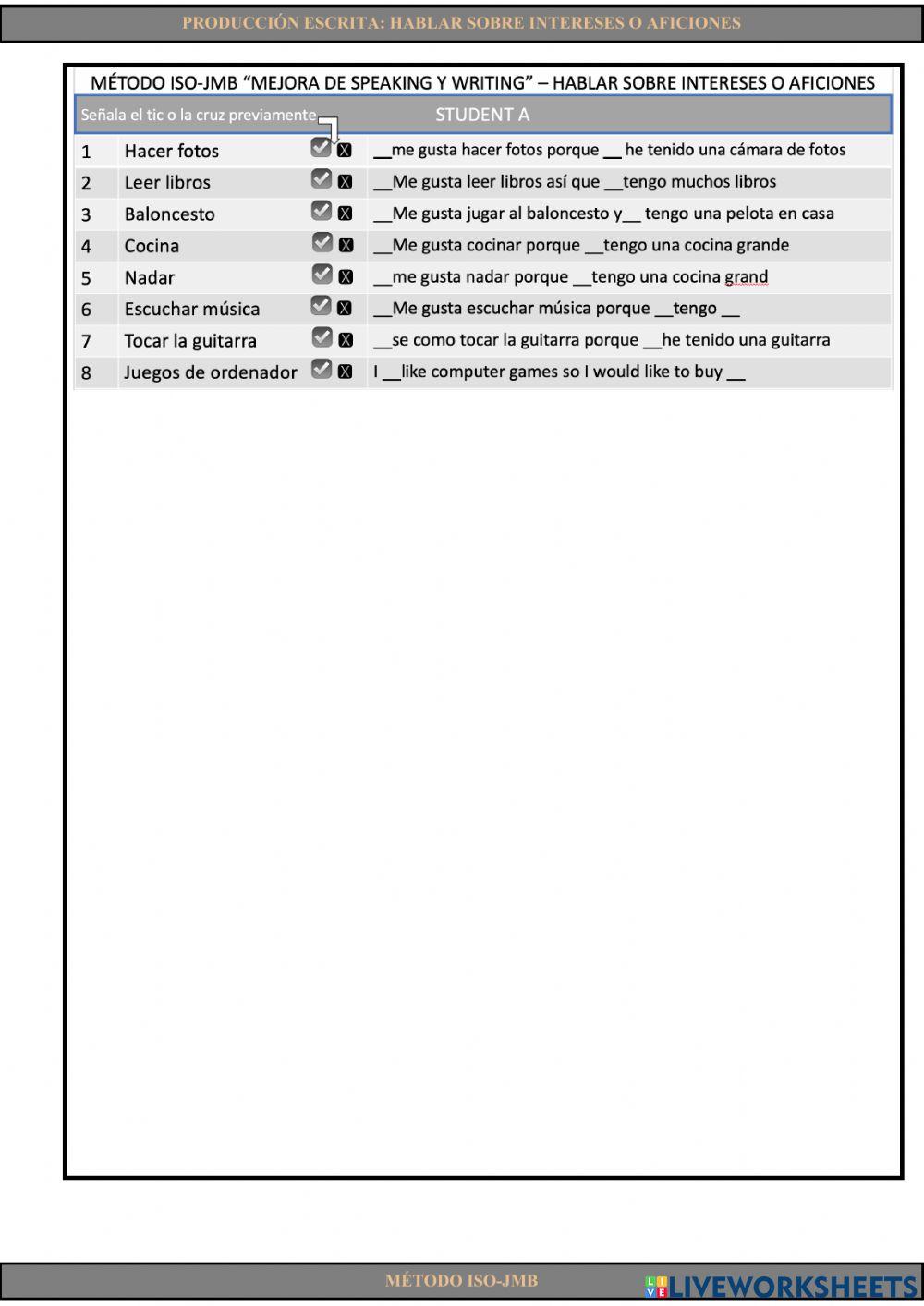 Writing 4. Hablar sobre intereses o aficiones