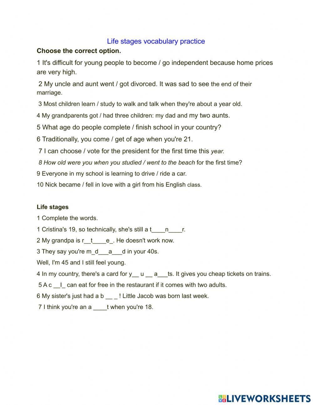 Life stages vocabulary