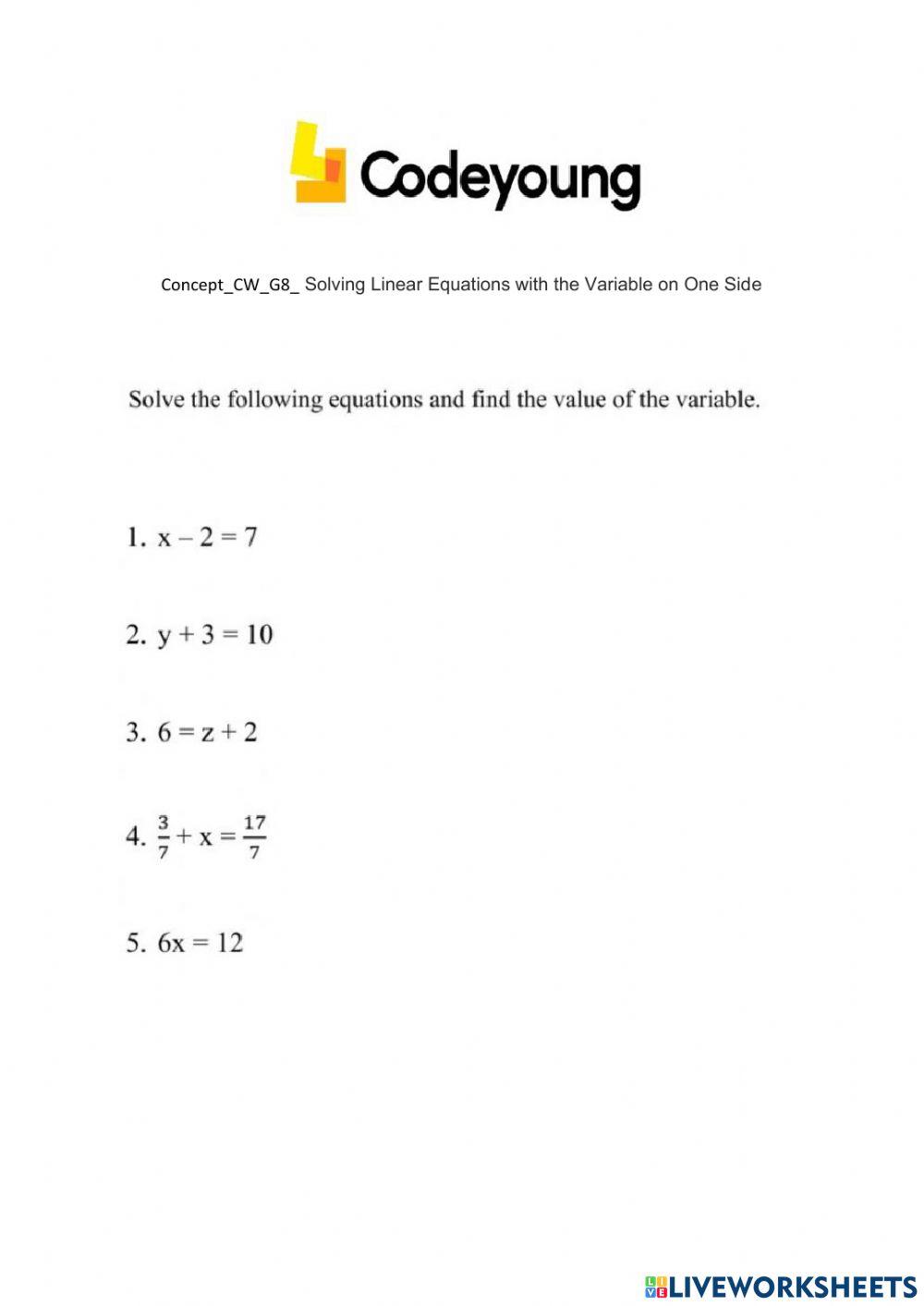 Concept-CW-G8- Solving Linear Equations with the Variable on One Side ...
