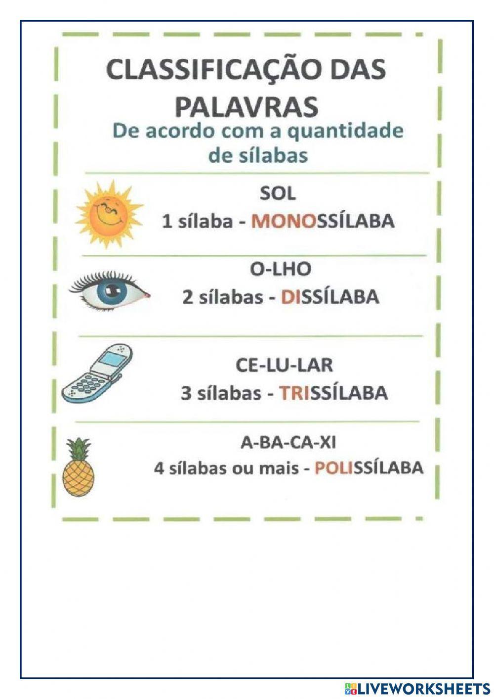 Singular, plural, feminino, masculino, sílabas