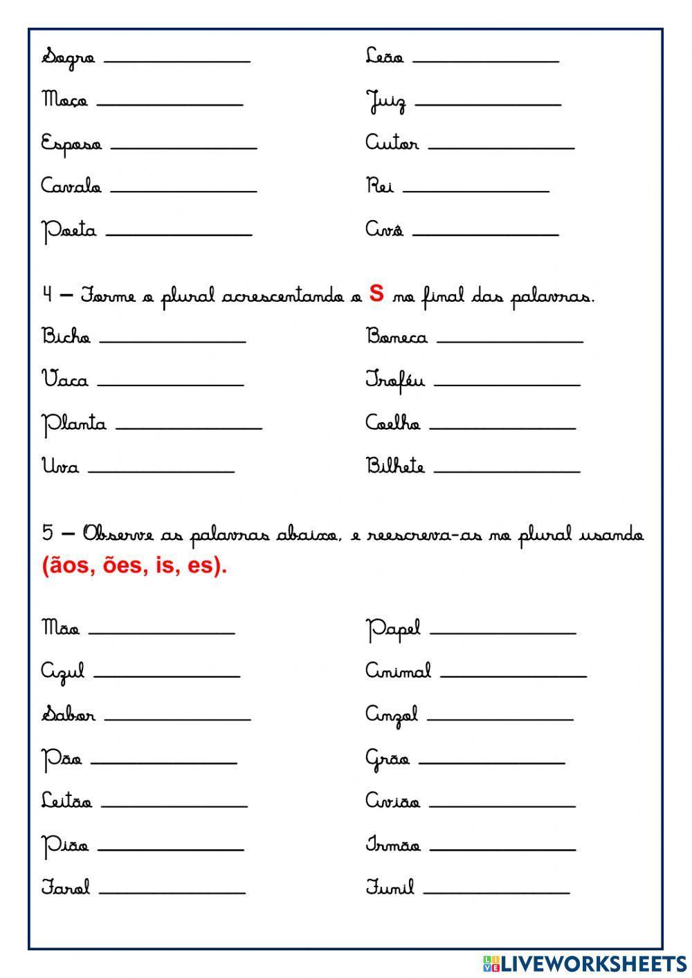 Singular, plural, feminino, masculino, sílabas