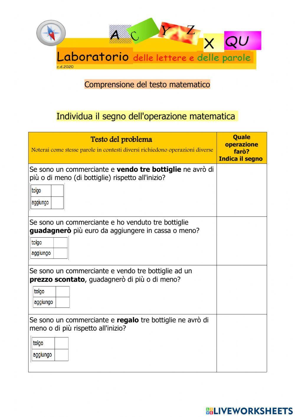 Comprensione del testo matematico n.1 Comprensione del testo matematico n.1