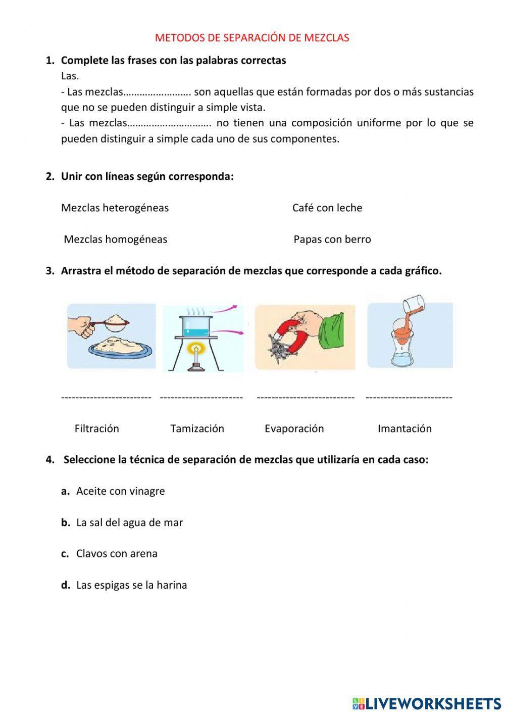Métodos de Separación de mezclas Homogéneas y Heterogéneas