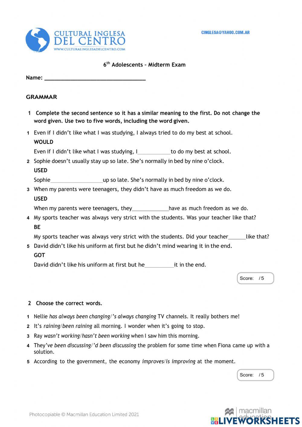 Grammar and Vocabulary - Midterm Exam. Optimise B2