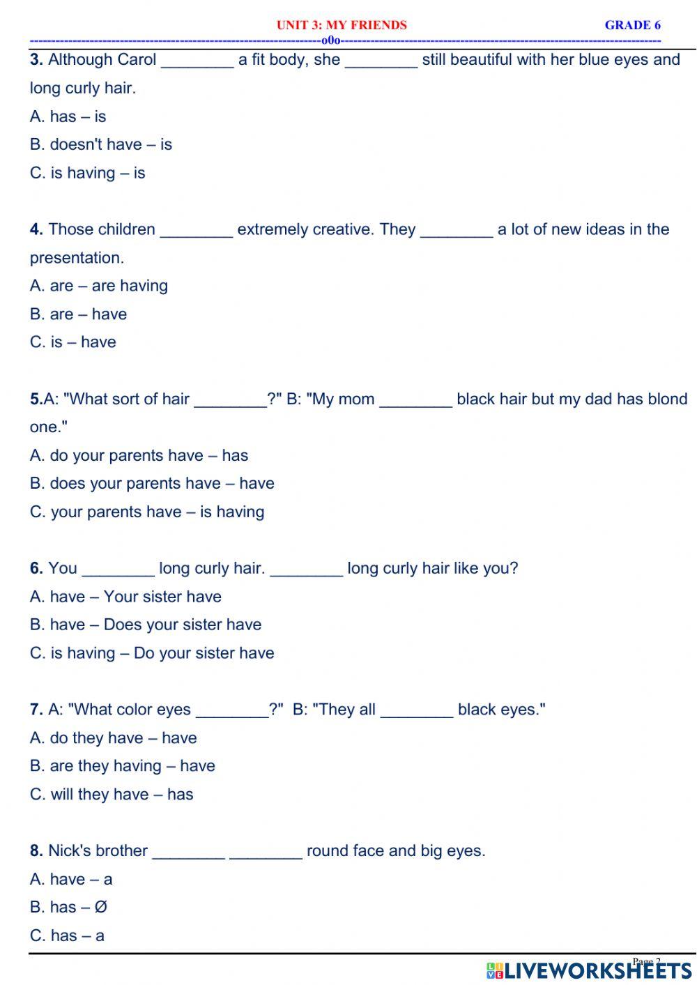 English 6 - Unit 3 - tobe or to have for description