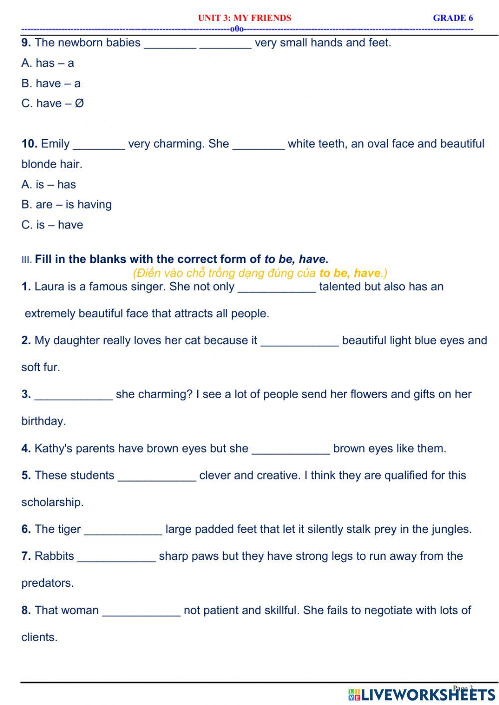 English 6 - Unit 3 - tobe or to have for description