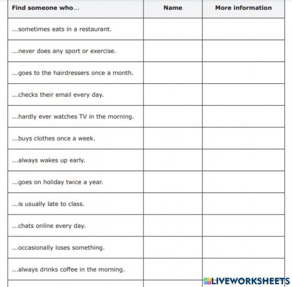 Find someone who (frequency adverbs)