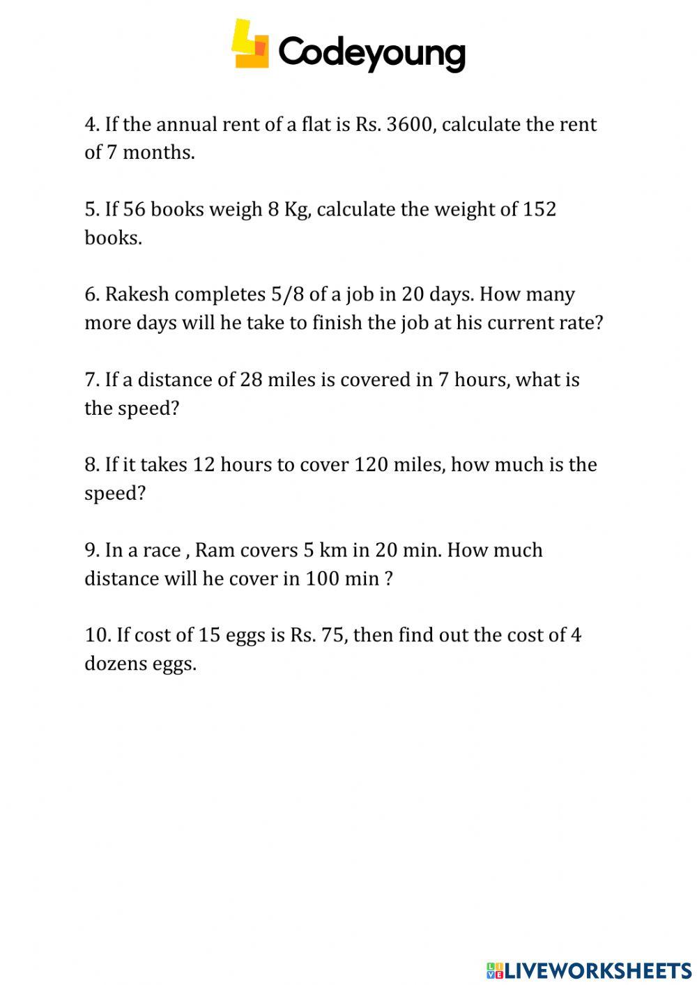 Application-Application of the Unitary Method worksheet | Live Worksheets