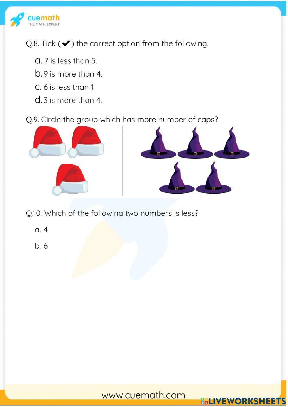 More and Less Worksheets for Kindergarten