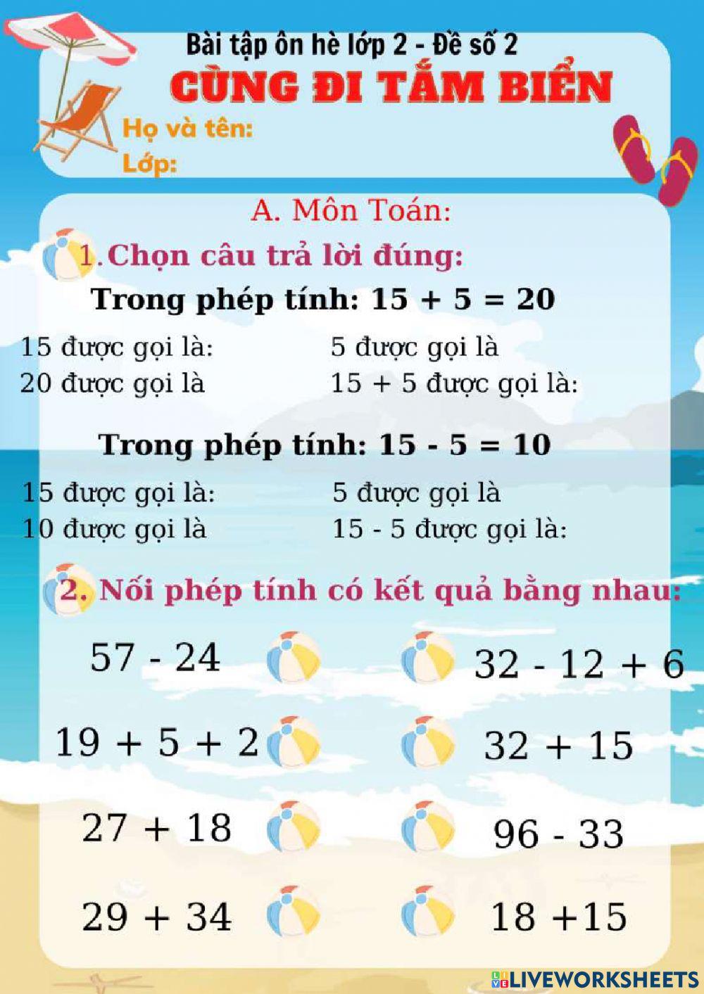 Ôn hè lớp 2 - đề số 2
