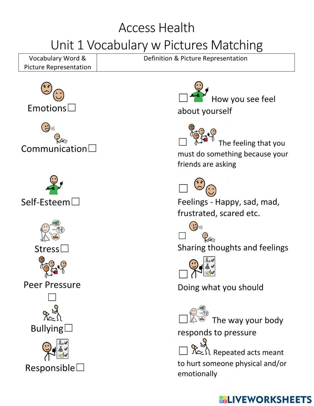 Unit 1 Vocabulary w pics - Self-Awareness and Healthy Communication