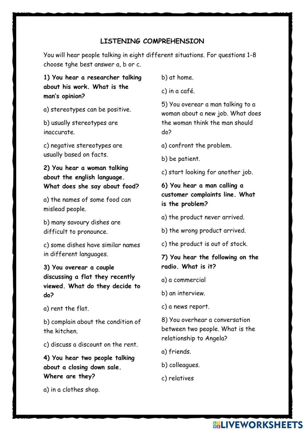 Listening comprehension quiz 1 Listening comprehension quiz 1