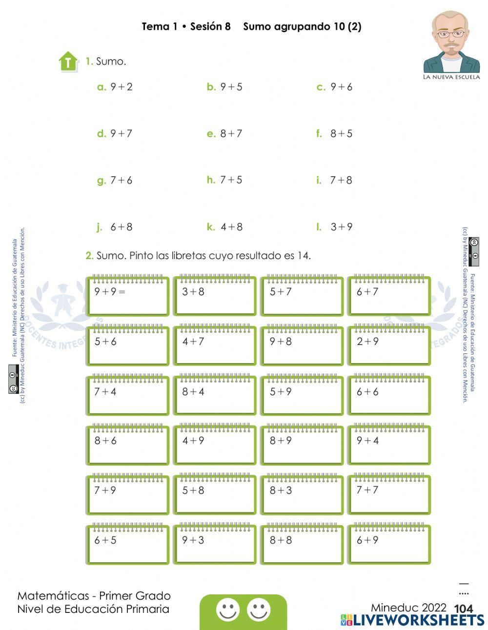 Matemáticas Primer Grado Mineduc 2022 pág. 104 - Sumo agrupando 10 (1) Tema 1 • Sesión 8
