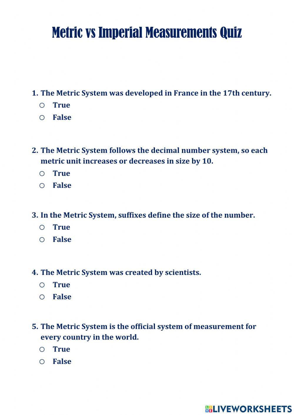 Metric vs Imperial Measurements Quiz