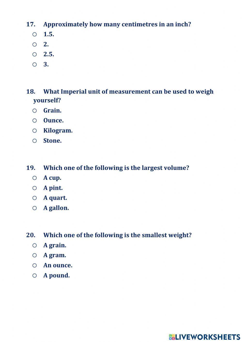 Metric vs Imperial Measurements Quiz