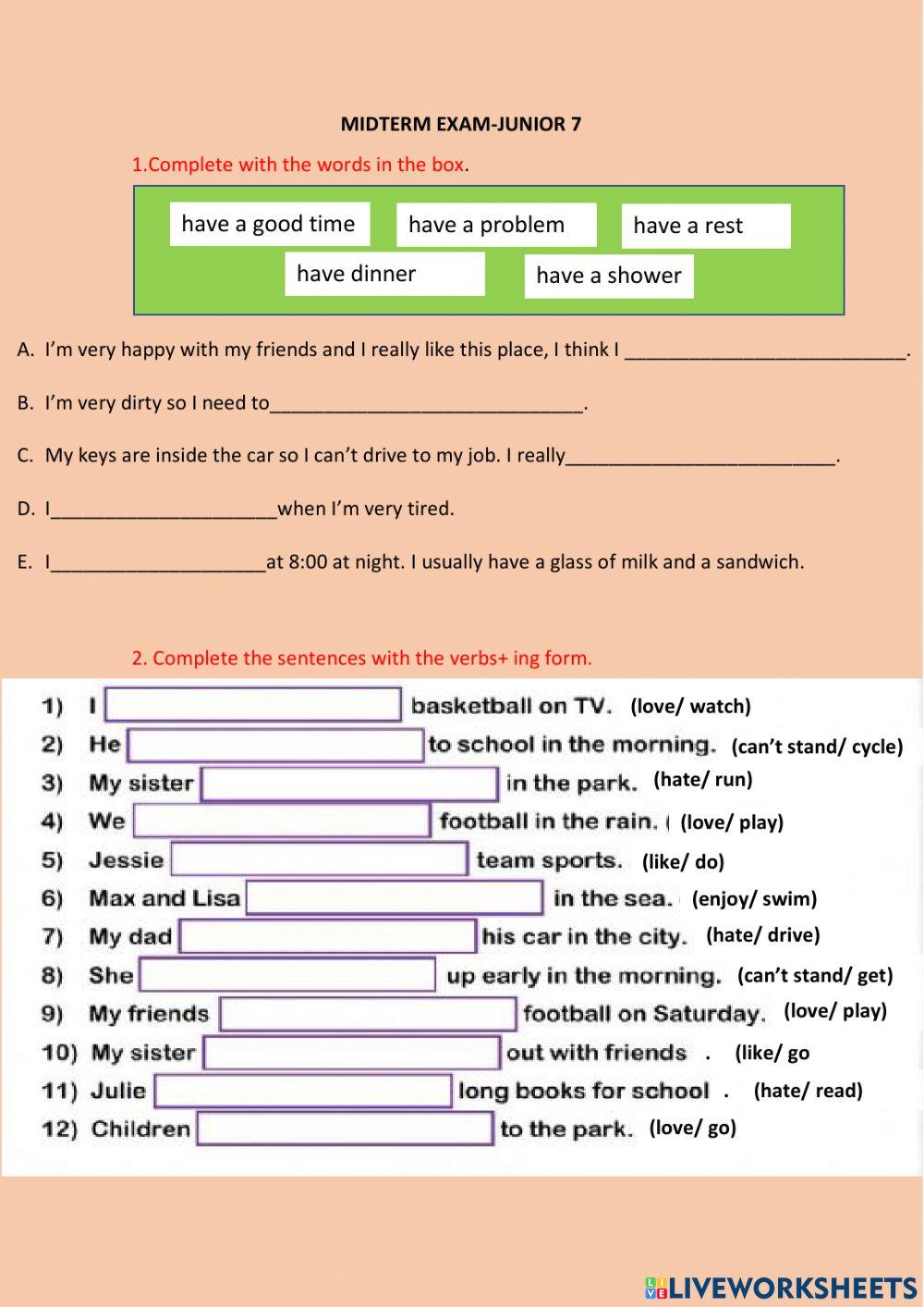MIDTERM EXAM JUNIOR 7 online exercise for Live Worksheets