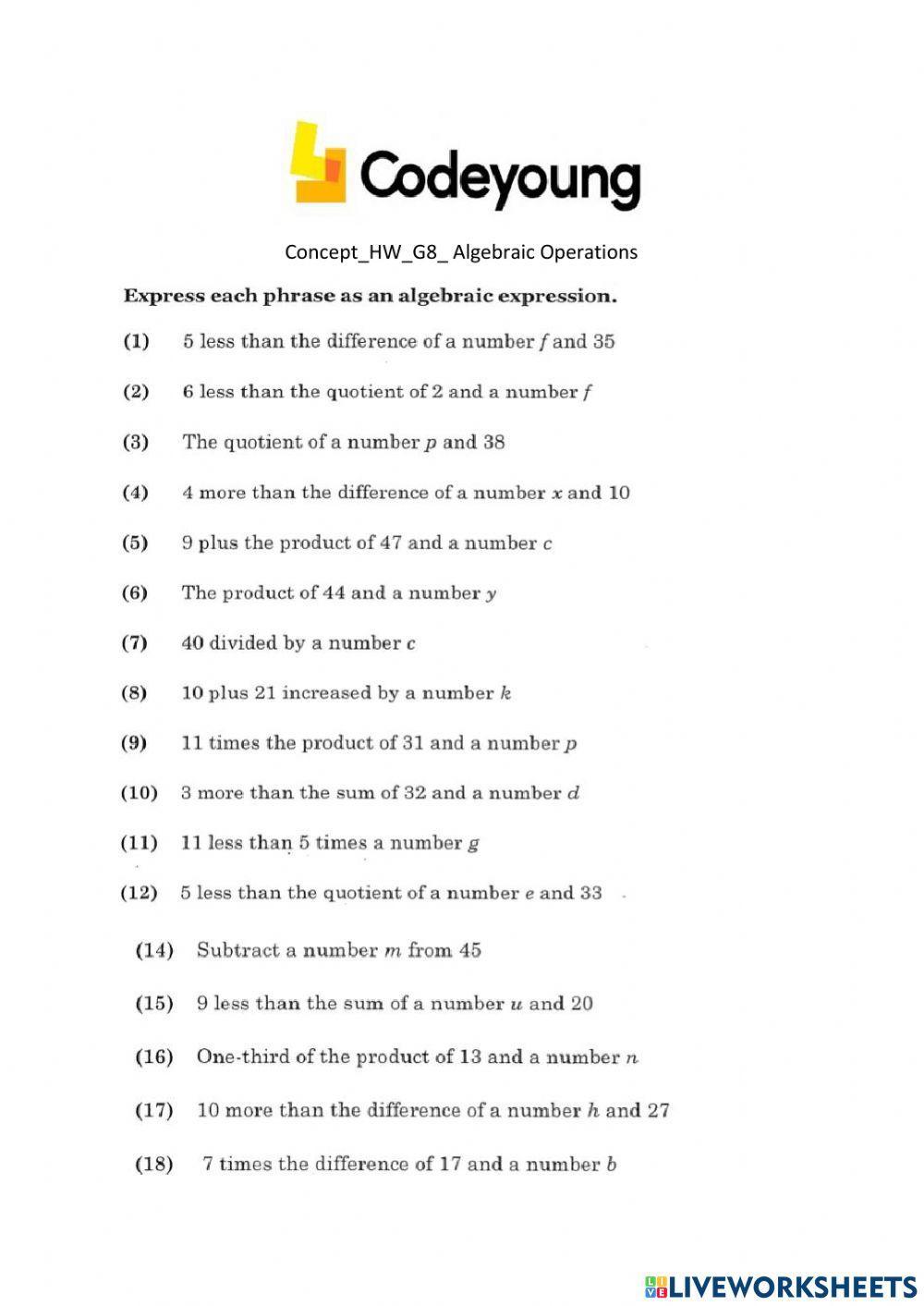 Concept HW G8 Algebraic Operations Worksheet Live Worksheets concept-hw-g8-algebraic-operations-worksheet-live-worksheets