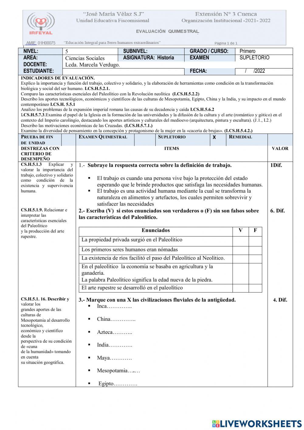 Examen de historia(supletorio)-primero Examen de historia(supletorio)-primero