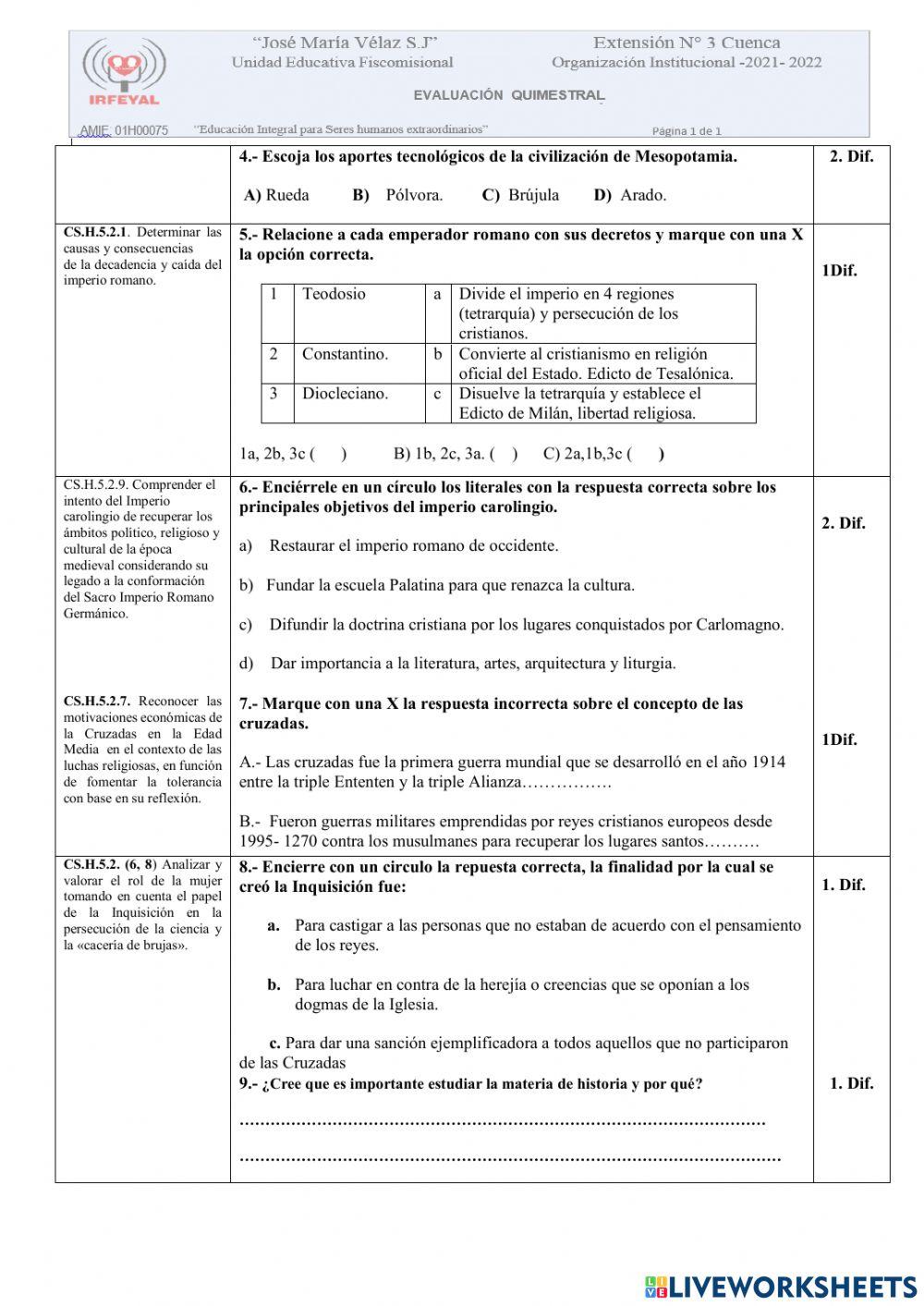 Examen de historia(supletorio)-primero Examen de historia(supletorio)-primero