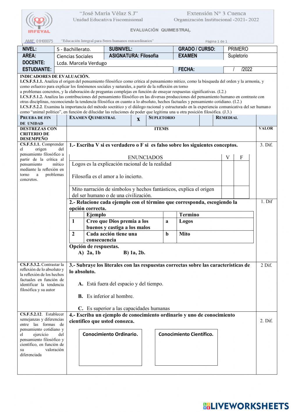 Examen de filosofía(supletorio)-primero Examen de filosofía(supletorio)-primero