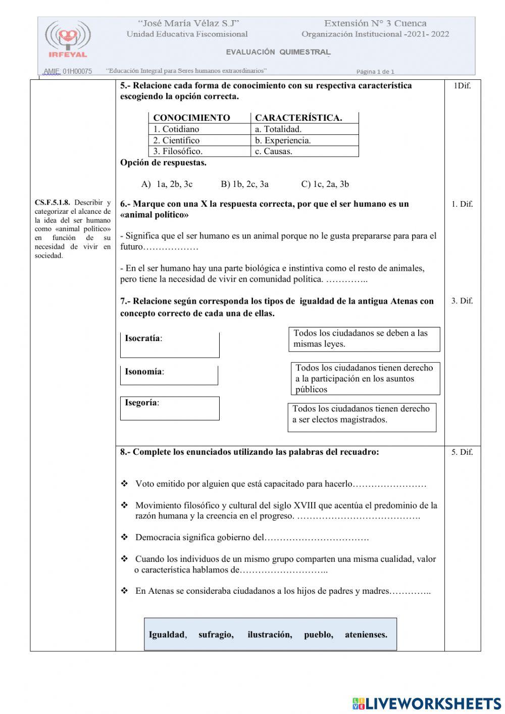 Examen de filosofía(supletorio)-primero Examen de filosofía(supletorio)-primero