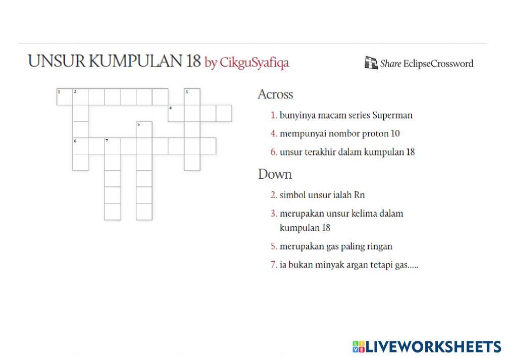 CROSSWORD PUZZLE UNSUR KUMP 18 online exercise for Live Worksheets