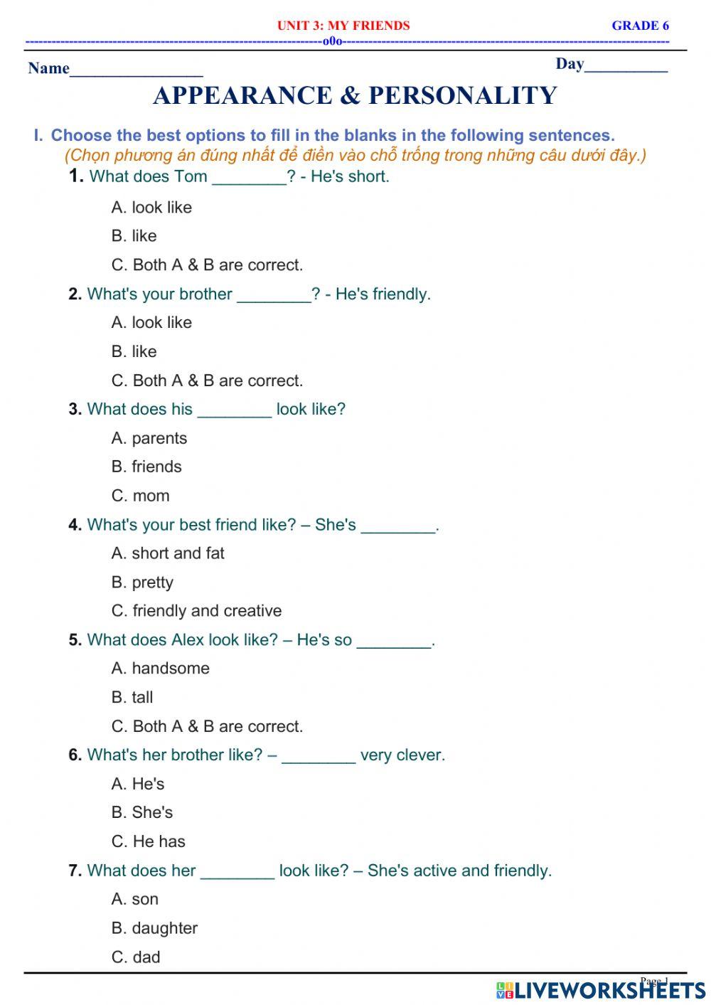 English 6 - Unit 3 - My Friends - Appearance & Personality