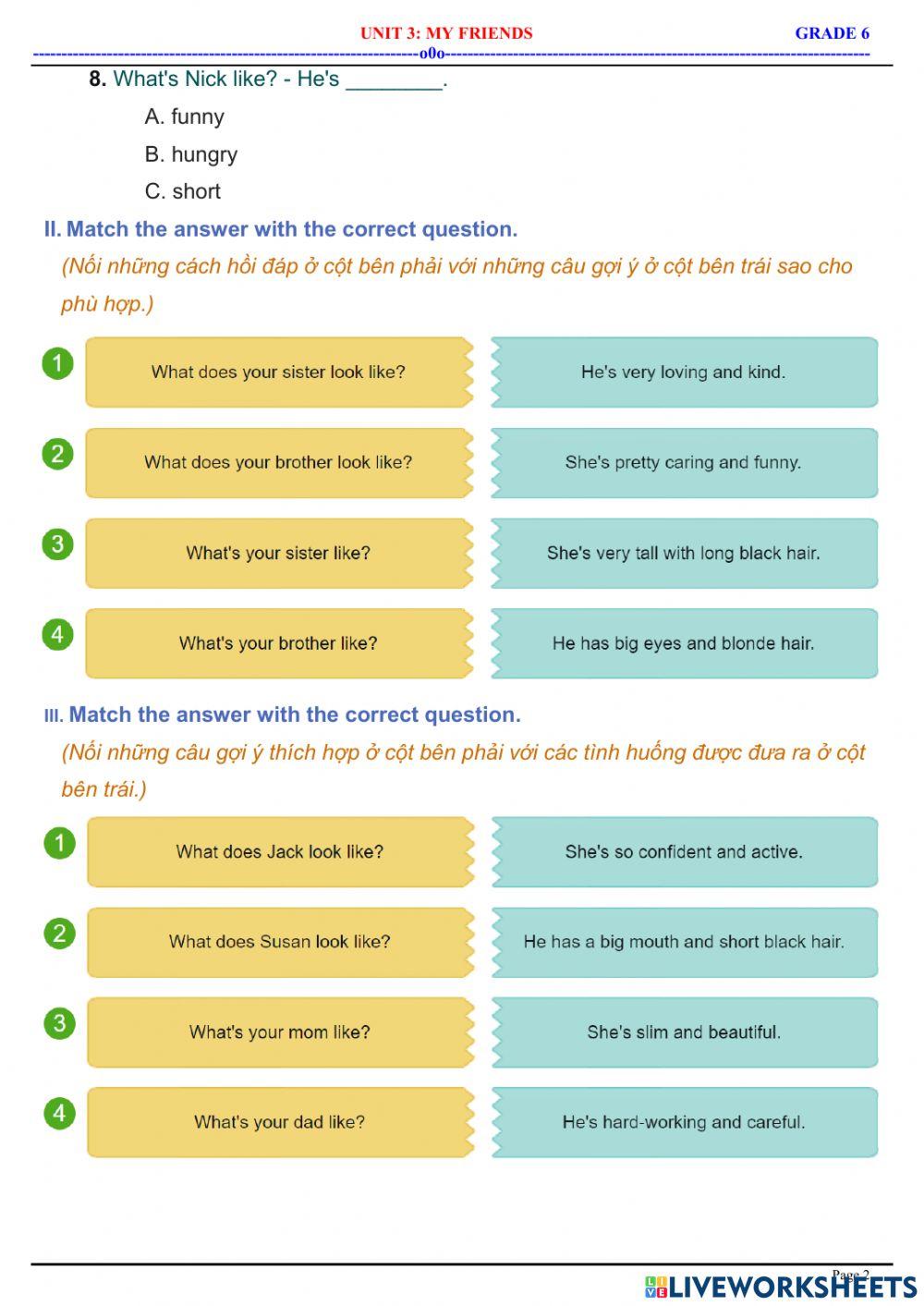English 6 - Unit 3 - My Friends - Appearance & Personality