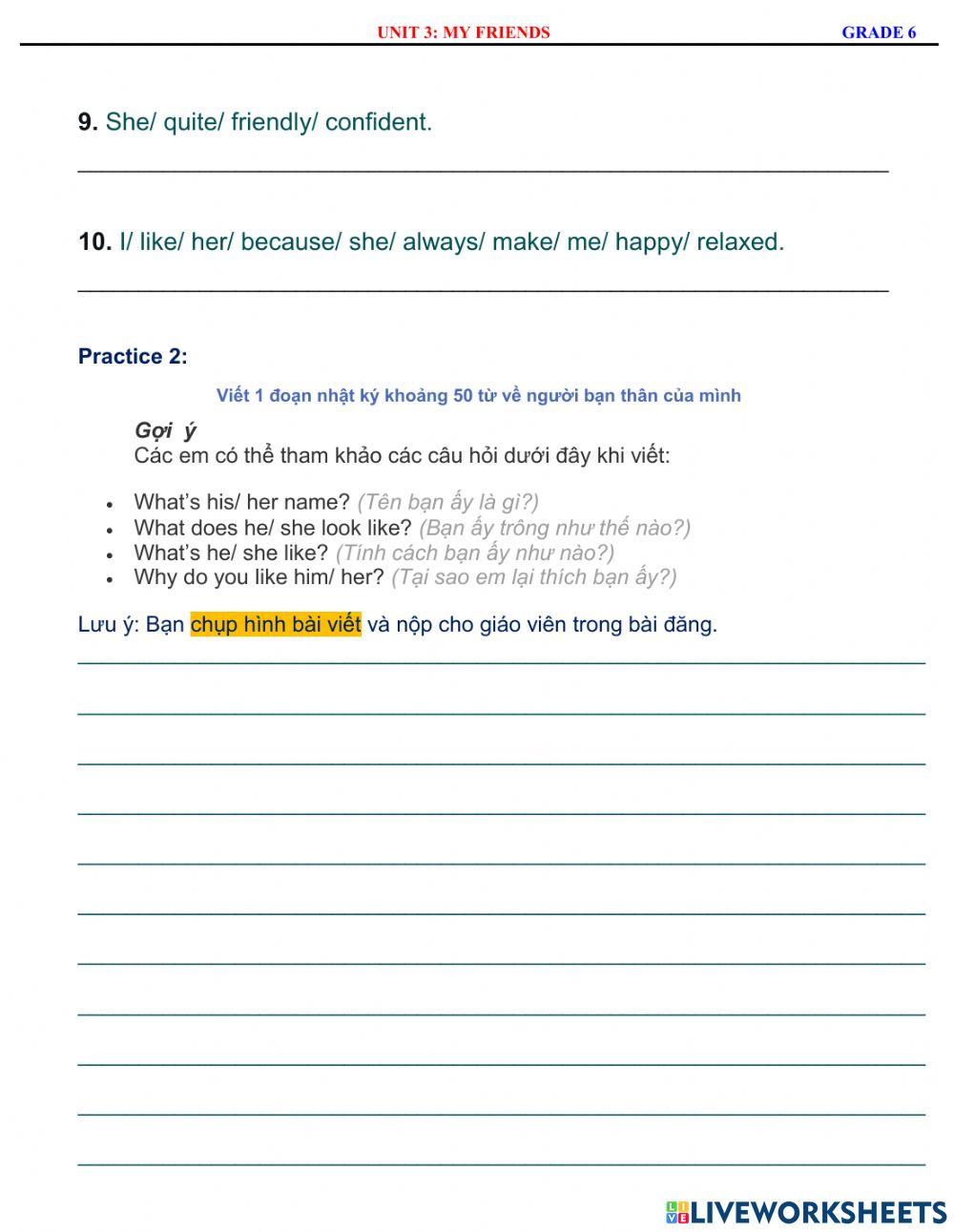English 6 - Unit 3 - My Friends - Writing Practice