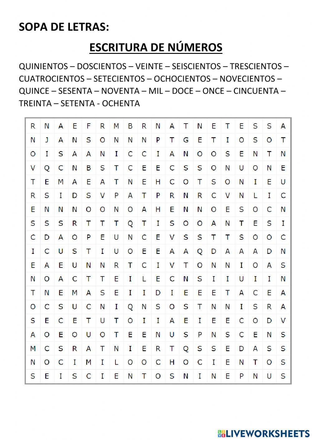 SOPA DE LETRAS ESCRITURA DE NÚMEROS - centenas NIVEL 2 