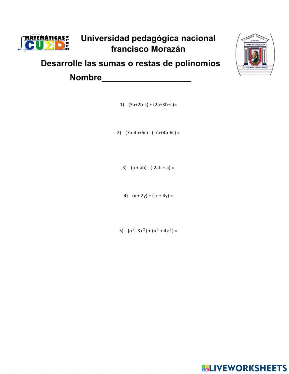 Sumas y resta de polinomios